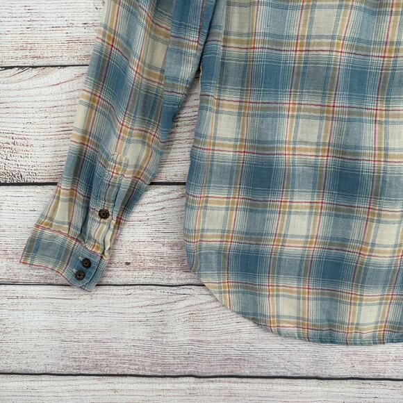 Toad&Co Recycled Cotton Blend Plaid Button Down Shirt Womens Small Blue Tan Red - Picture 13 of 14